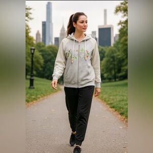 Akademiks Grey Boxy Embroidered 3/4 Sleeve Hoodie, zip front, pockets, 🐝 pulls.